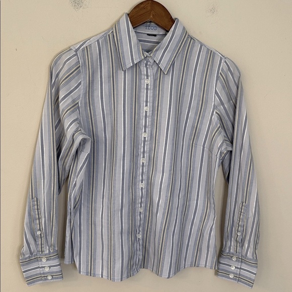 Izod Preppy Casual button up Shirt with Blue and Yellow Stripes tailored fit Med - Picture 1 of 8